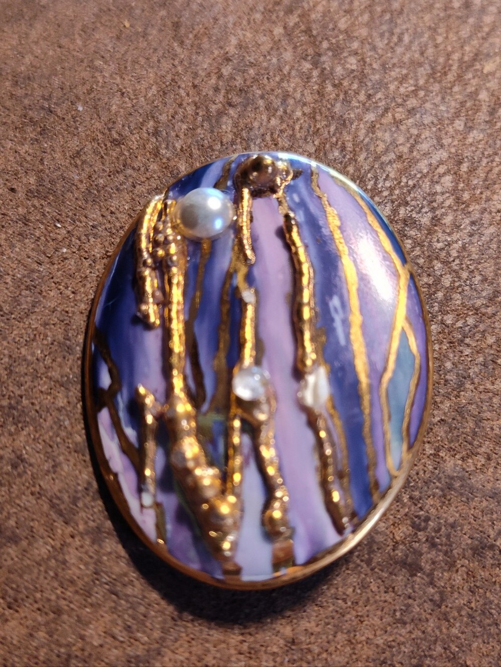 Greta Solfall/Schodl of Norway Hand Painted Porcelain Textured Brooch Two Inches